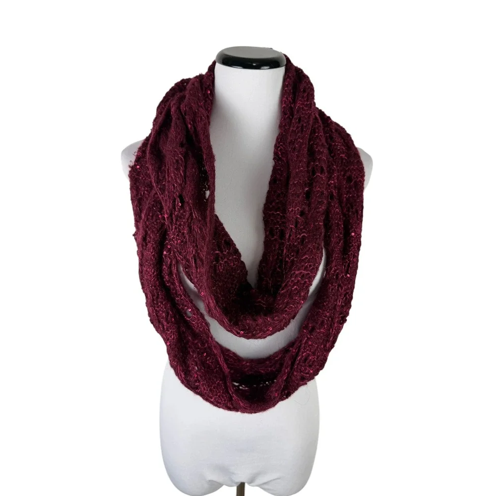 Berkshire‎ Fashion Burgundy Sequin Open Knit Infinity Scarf Wine Red OSFM